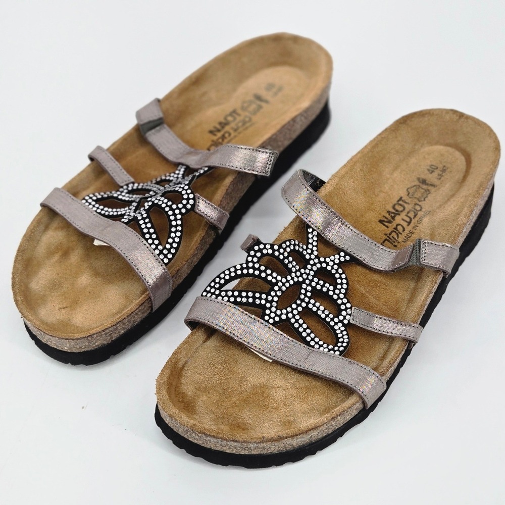 Naot Innovate Pewter Metallic Leather Butterfly Rhinestone Cork Sandals 40 US 9